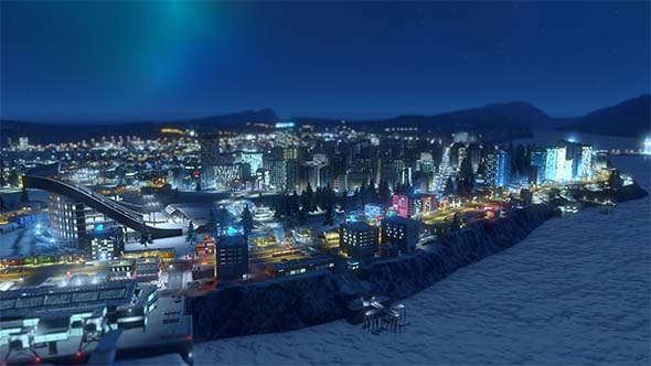 Cities: Skylines: Snowfall - aurora over leisure district