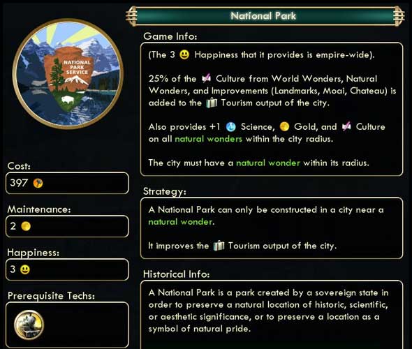 Civ V mod - National Park Updated for Brave New World