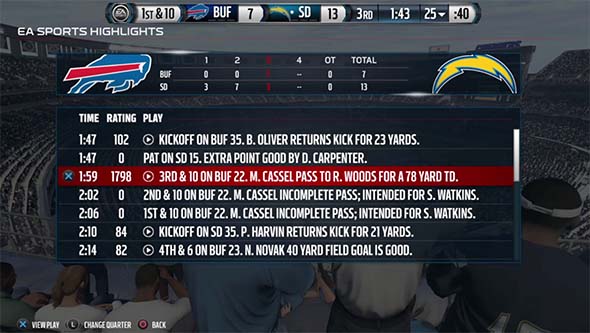 Madden NFL 16 - highlight recap screen