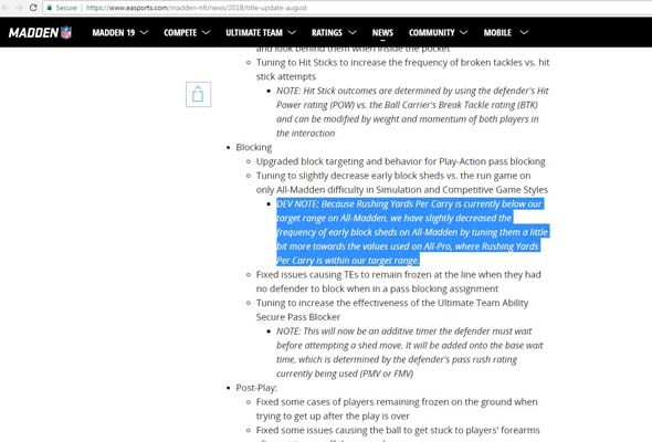 Madden 19 - yards per carry patch notes