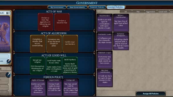 Civilization VI - MOCK: government screen: Foreign Policy