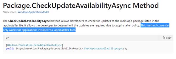 MSDN - Package.CheckUpdateAvailabilityAsync() method