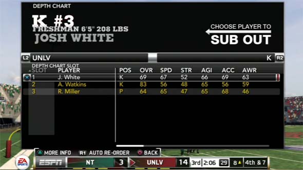 NCAA Football 13 - subbing freshman kicker