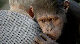 Rise of the Planet of the Apes - Caesar hugging senior Rodman (John Lithgow)